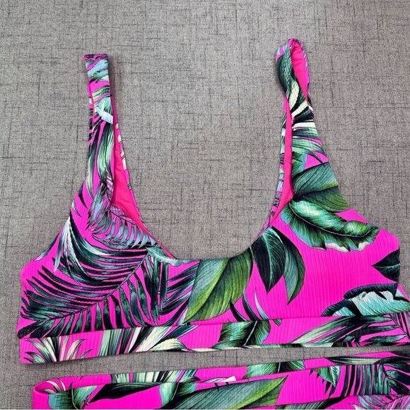 Tropical Leaf Print Ribbed Cheeky Bikini Set Hot Pink Green Medium - Picture 5 of 12